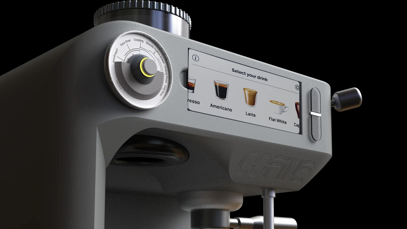 Angled view of a touchscreen showing illustrated drink choices beside the control dial.