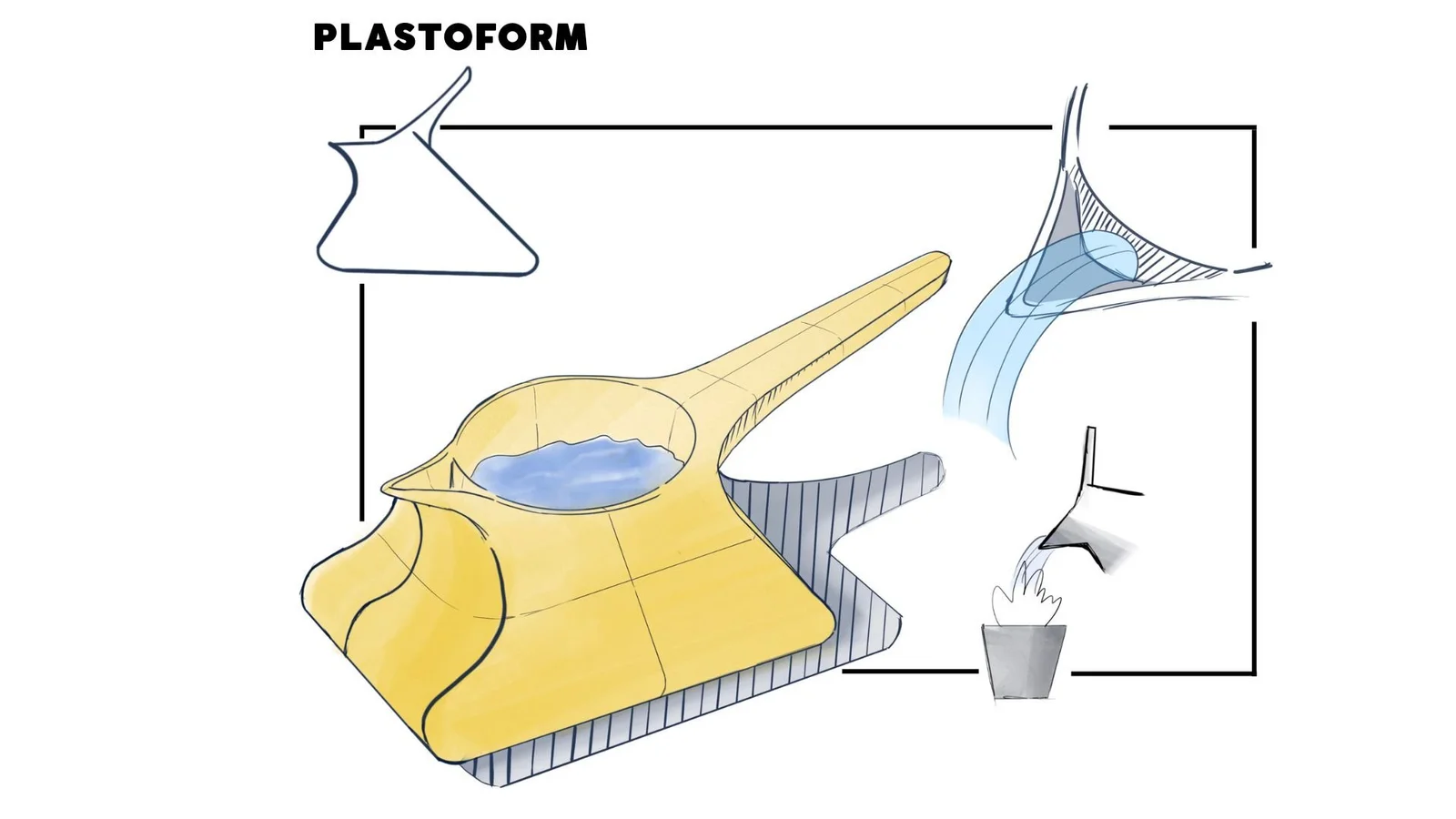 A yellow sculptural form with a circular blue recess, accompanied by blue form studies and product references.