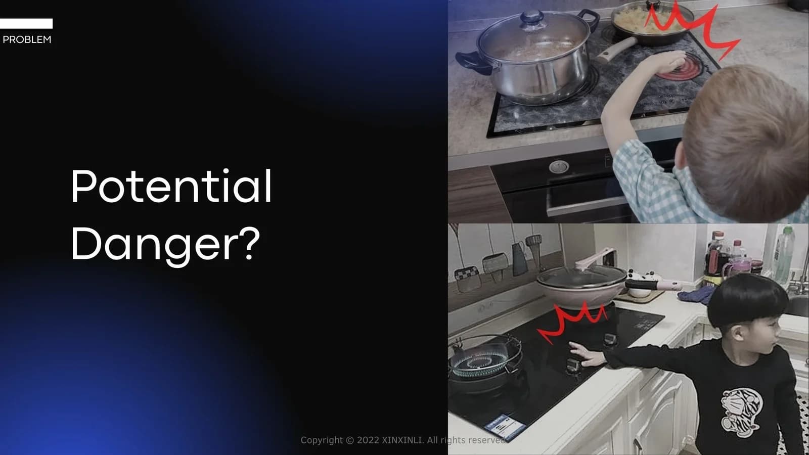 Two photographs show children reaching towards stove surfaces and controls.