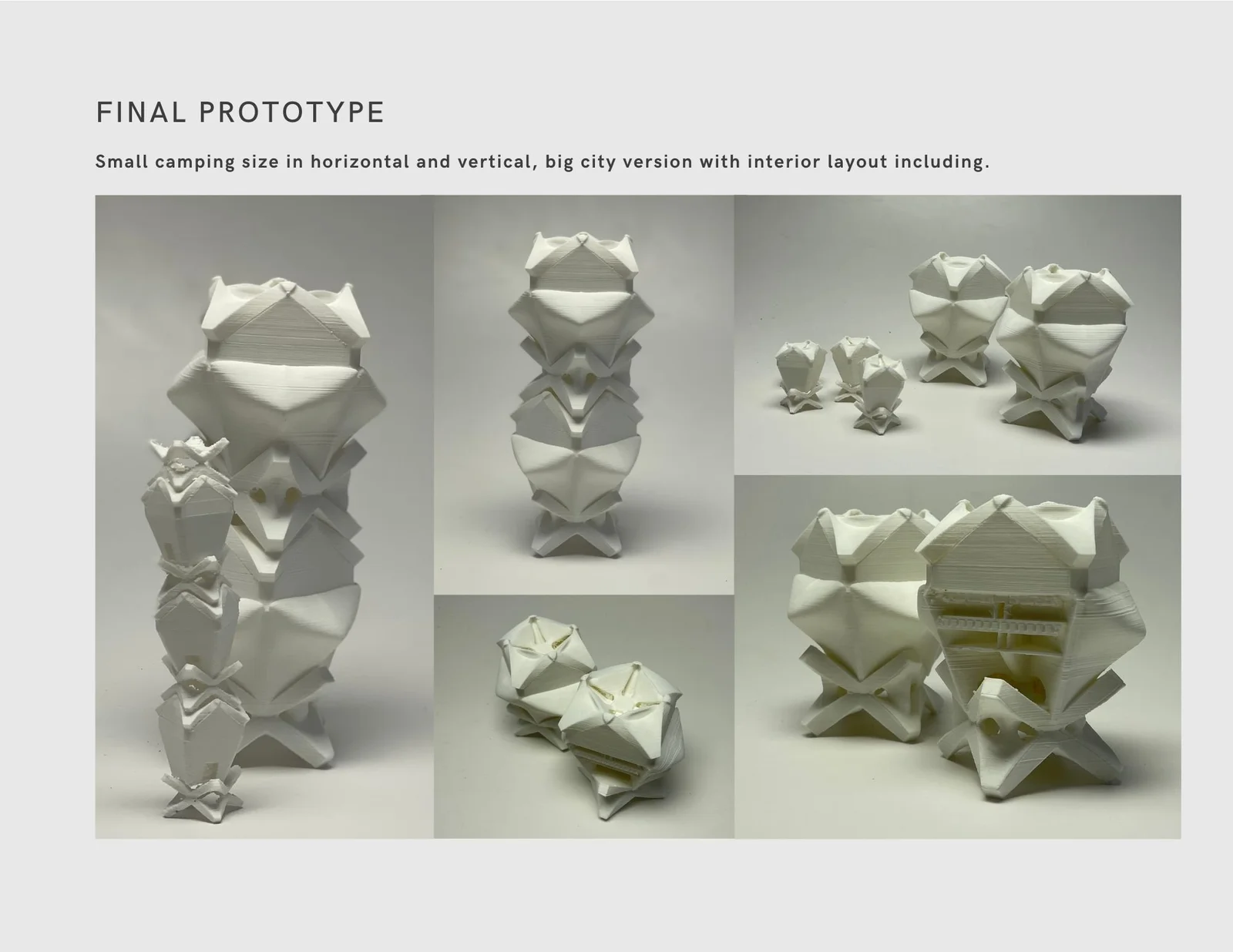 Photographs of pale physical models show individual, clustered and vertically stacked modules.