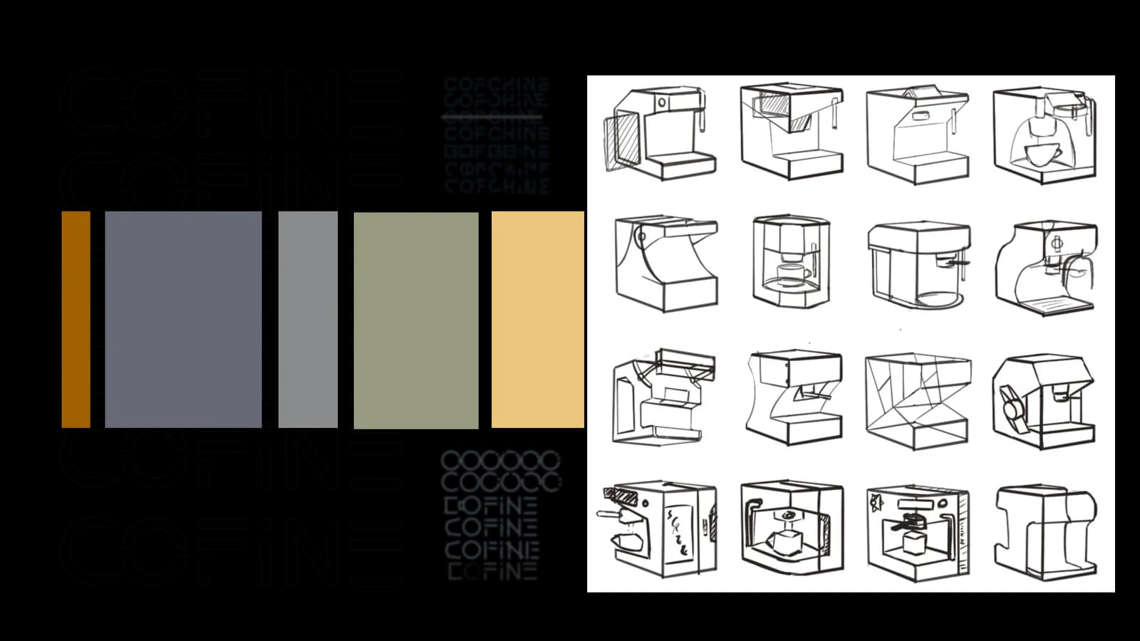Presentation board combining COFINE logos, a colour palette, pattern explorations and espresso-machine concept sketches.