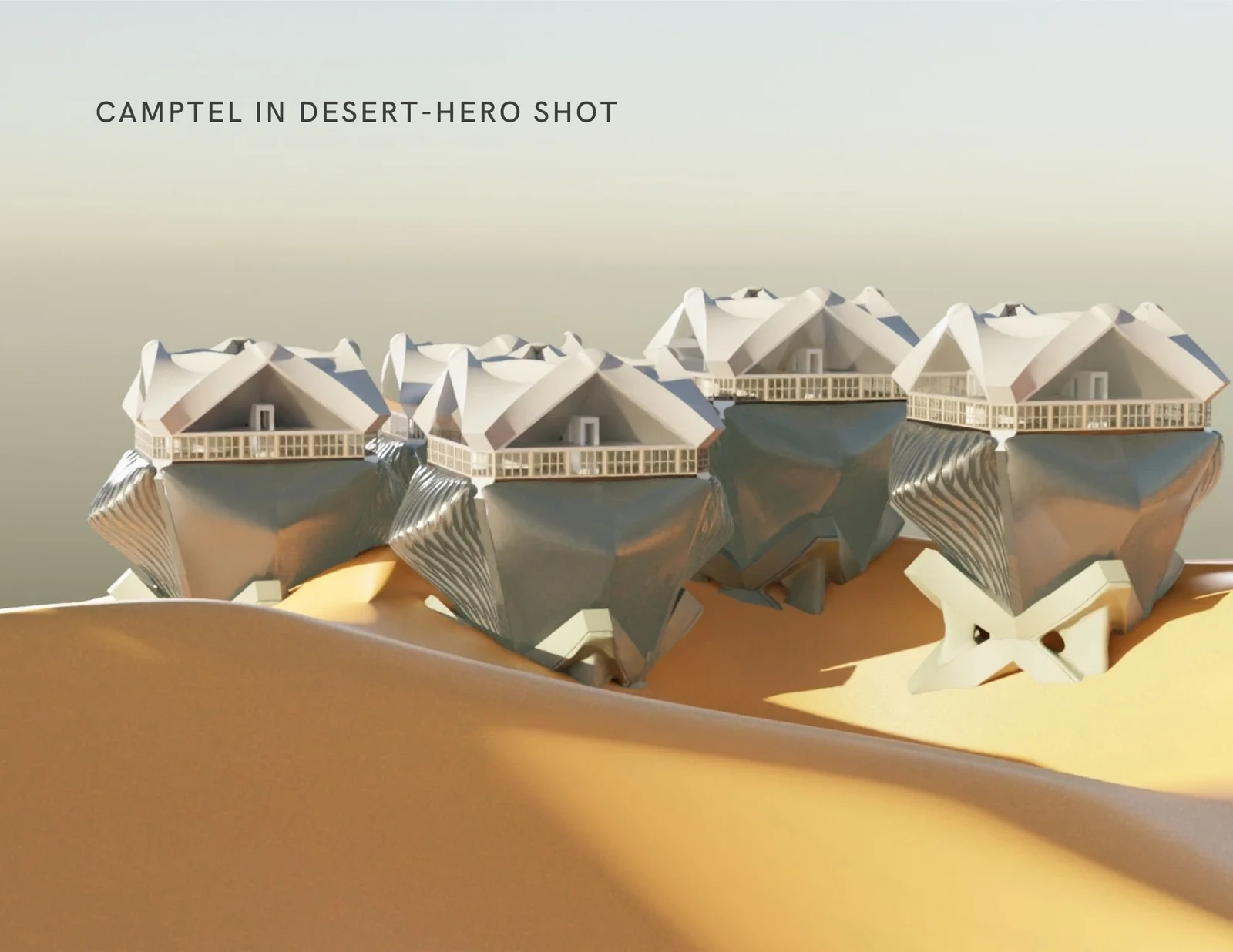 Rendering of white modular hotel clusters rising from sand dunes, with faceted roofs and ribbed lower shells.