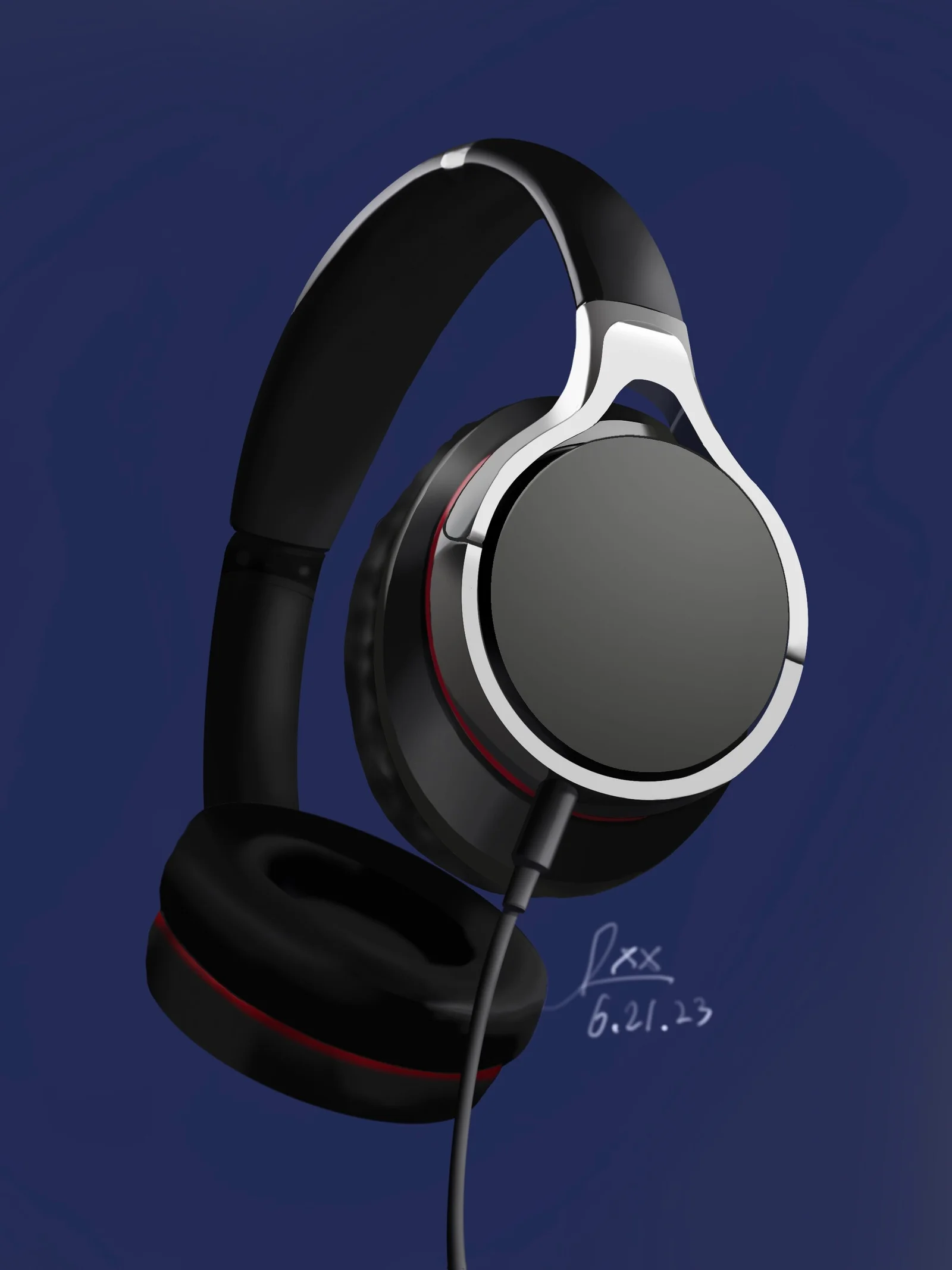 Black over-ear headphones with silver earcup edges rendered against a dark blue background.
