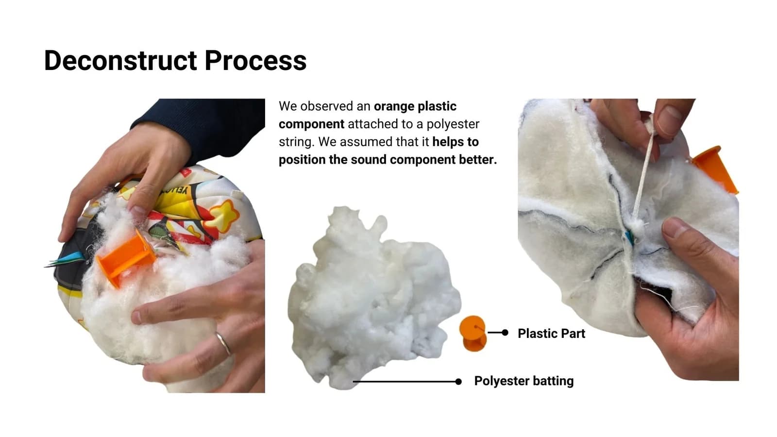 Hands opening the reference ball and separating filling and an orange internal plastic component.