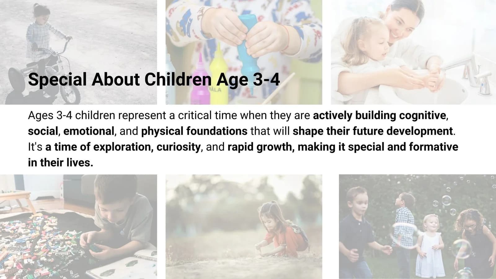 Original age-range research board with photographs and text about children aged three to four.