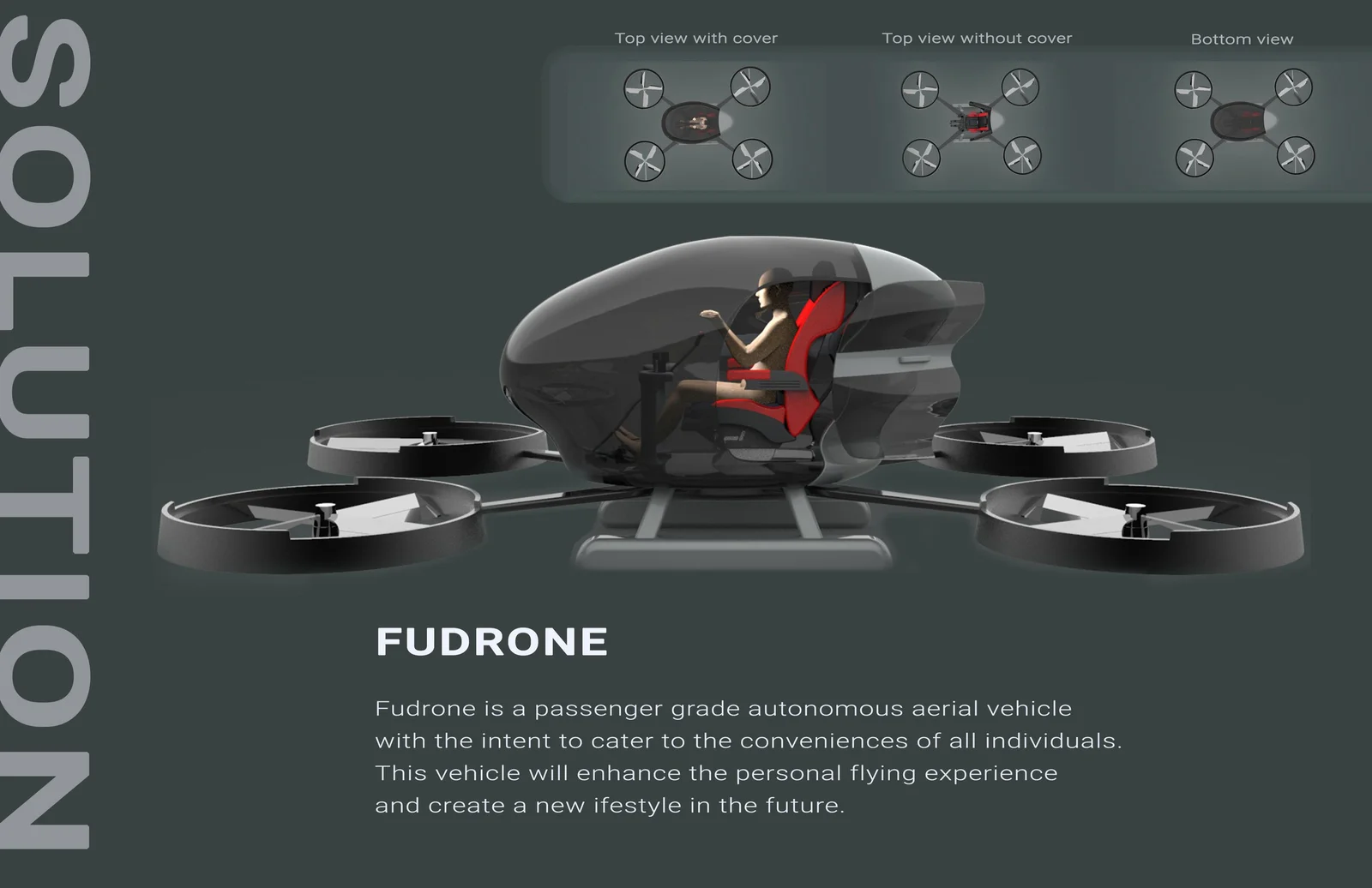 Rendered aerial-vehicle concept with an enclosed single seat, four circular rotor housings and landing skids, shown from side, top and bottom views.
