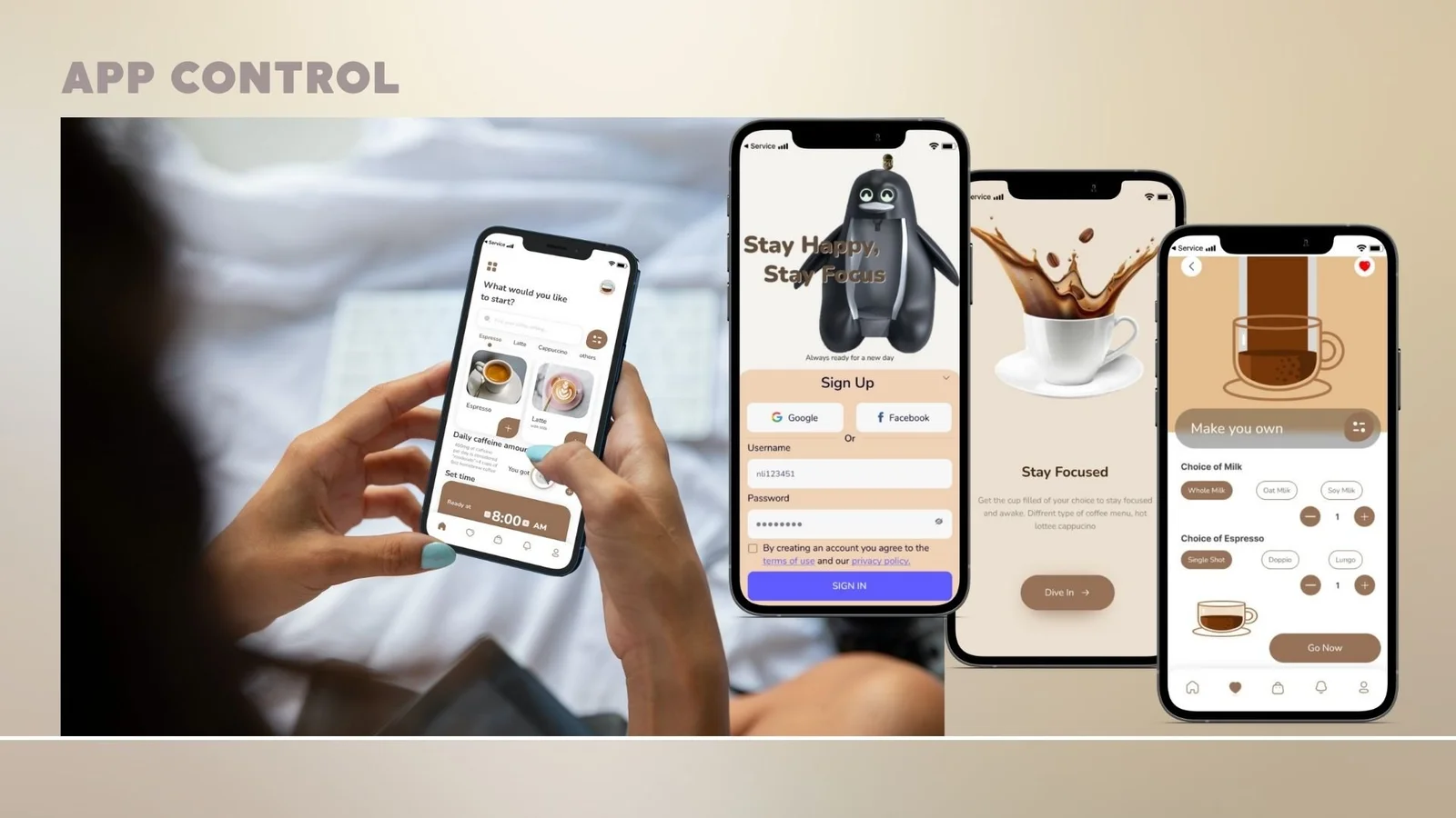 App concept showing coffee selection, a scheduled preparation time, and customization of milk and espresso options.
