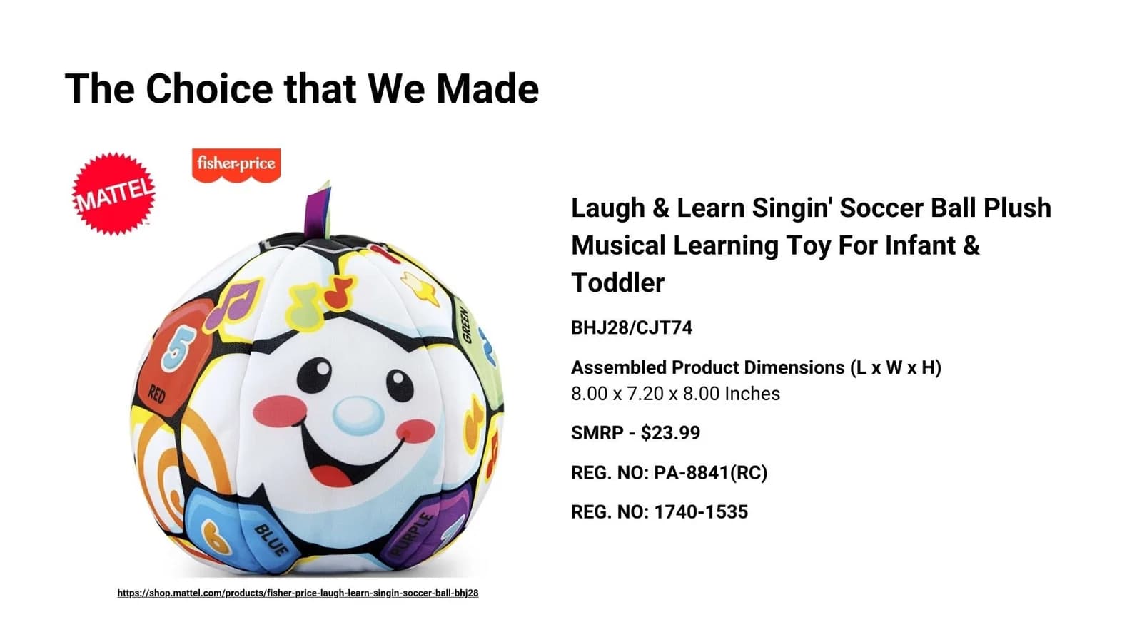 Reference-product board identifying a Fisher-Price musical soccer-ball plush toy.