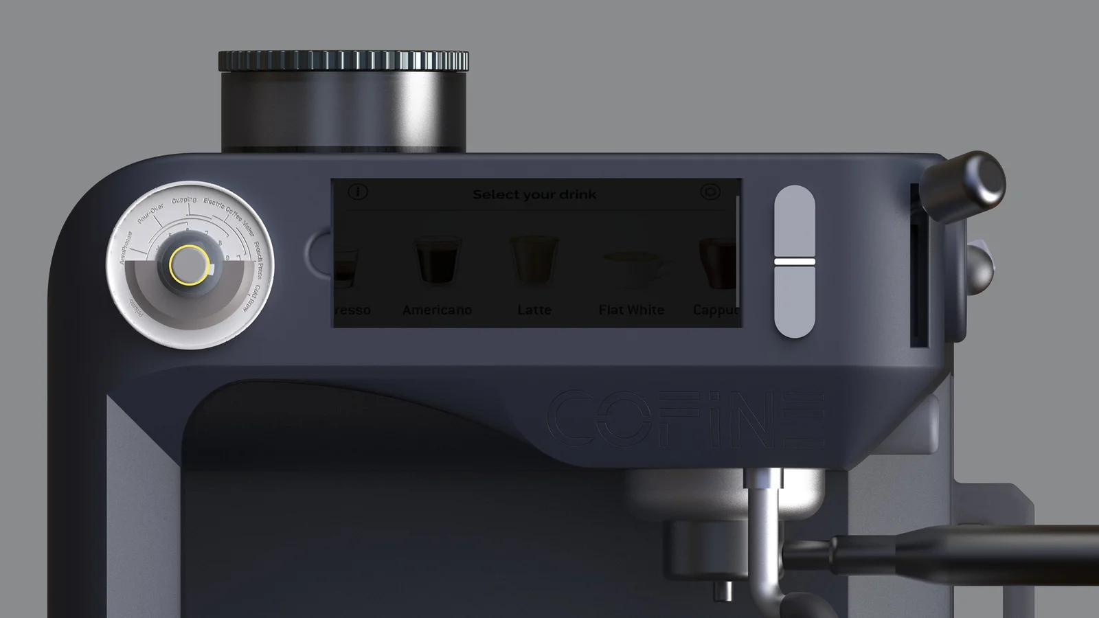 Close-up of the front dial, display and adjacent control buttons.