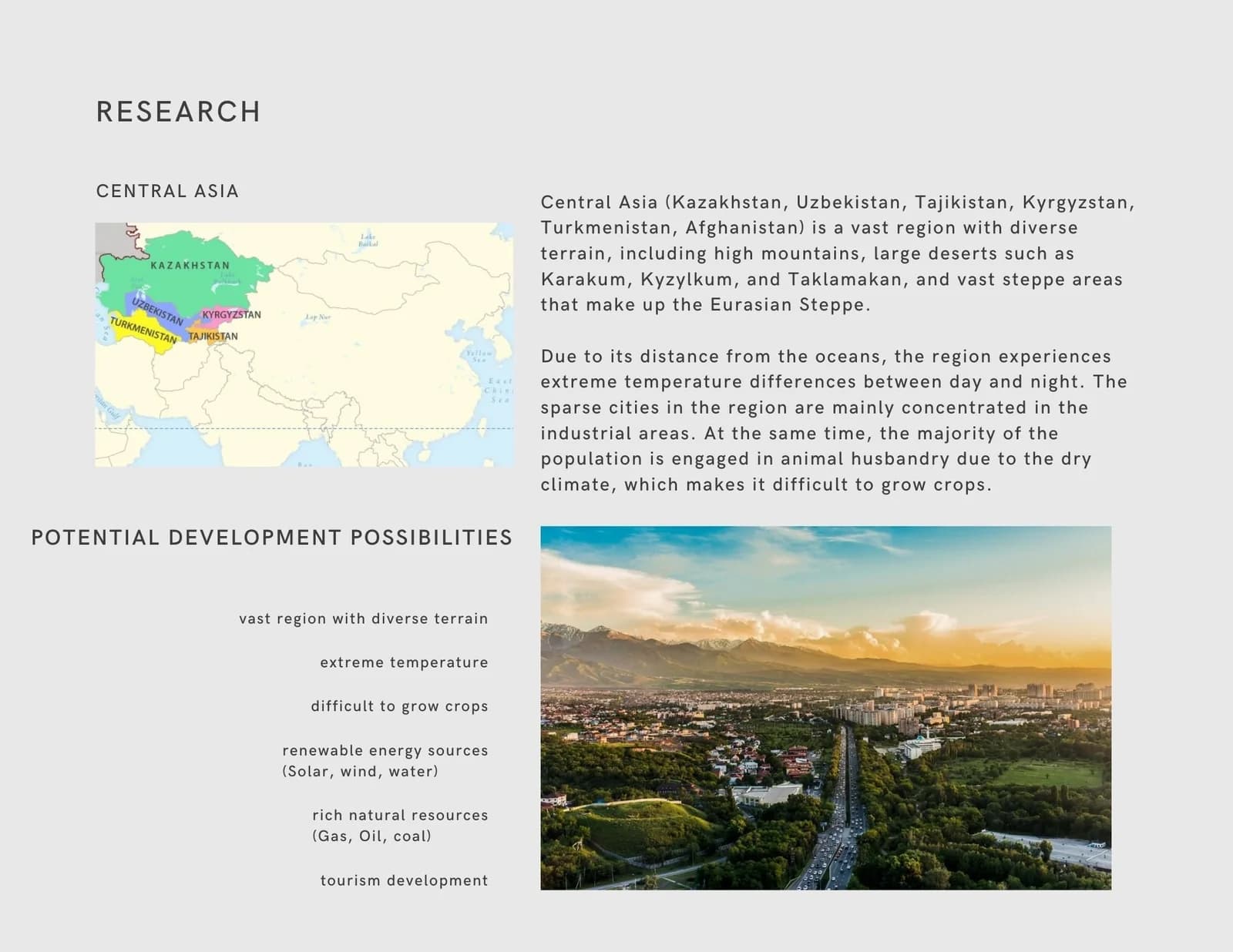 Research board with a Central Asia map, landscape imagery and notes on regional context and potential development.