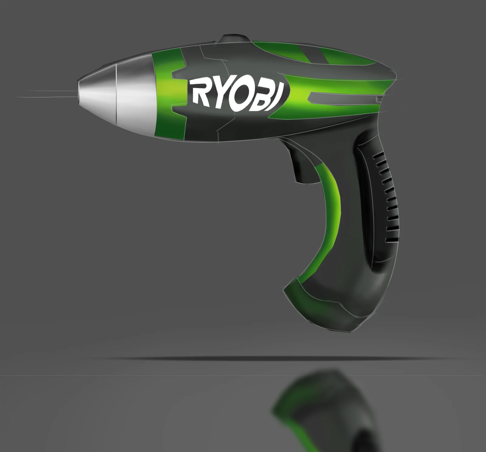 A compact green and black drill concept with a curved grip and a reflection on the surface below.