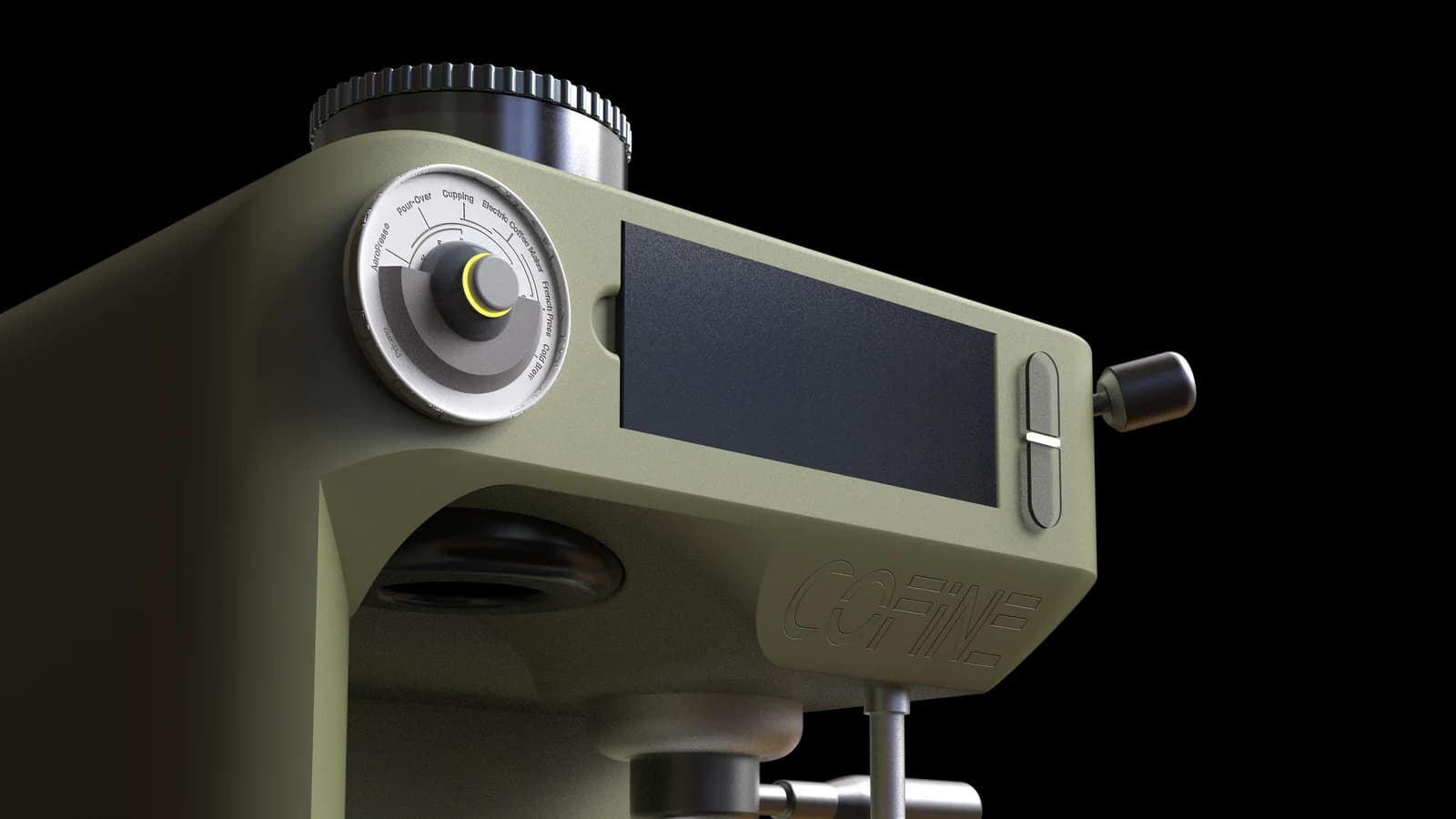 Close-up of the espresso-machine housing in a khaki-green finish.
