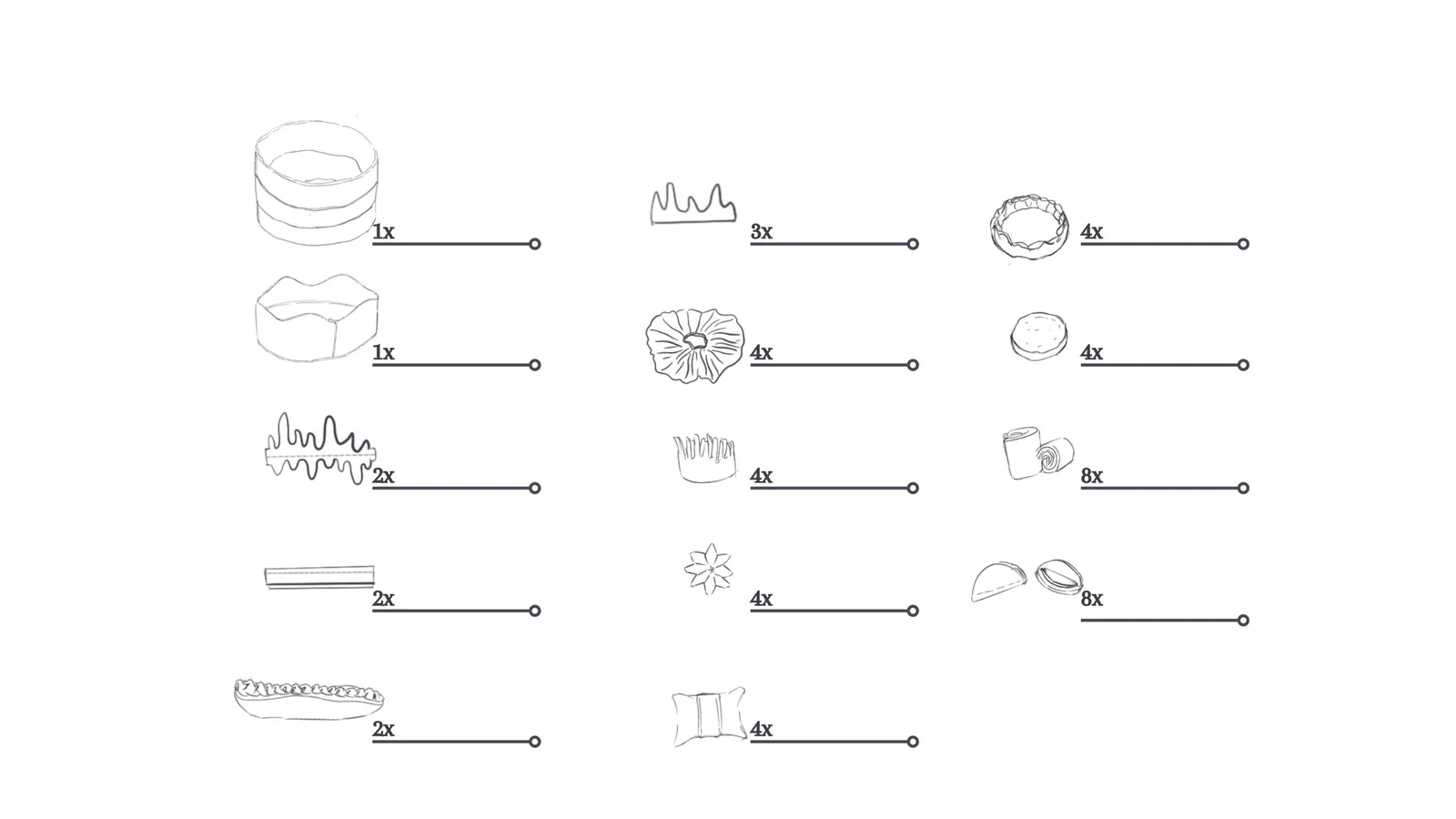 Line drawings of the kit’s bases, strips, icing layers and decorative pieces, each labelled with a quantity.