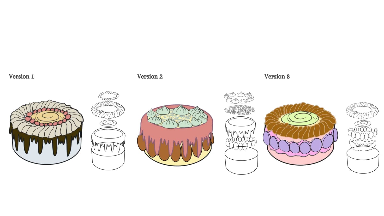 Three coloured cake concepts with exploded line drawings of their layers.