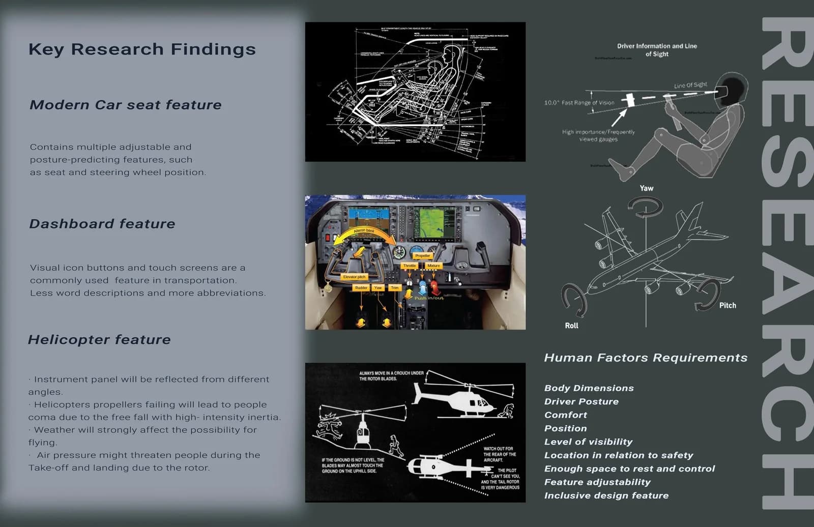 Research board comparing automotive seating, aircraft instruments, sightlines and helicopter references, with a list of human-factors considerations.