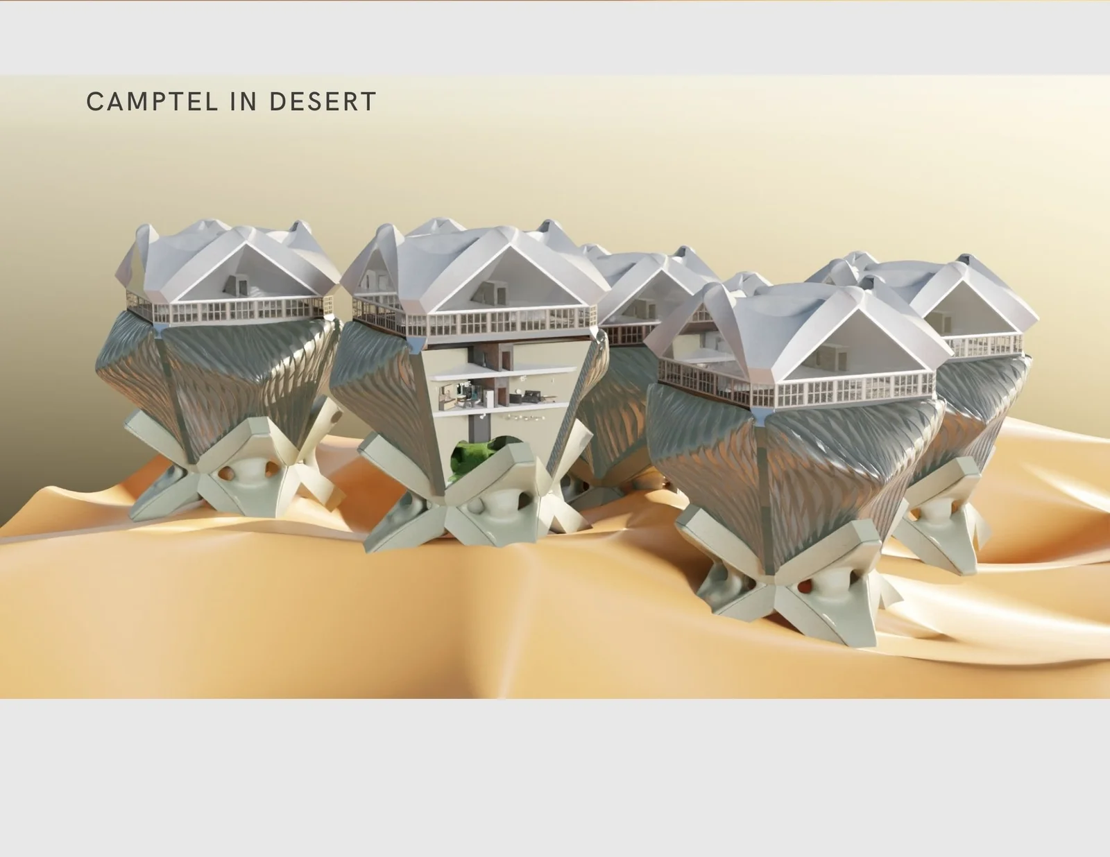 Several linked modular hotel units form a cluster in the desert, showing elevated rooms and sculptural supports.