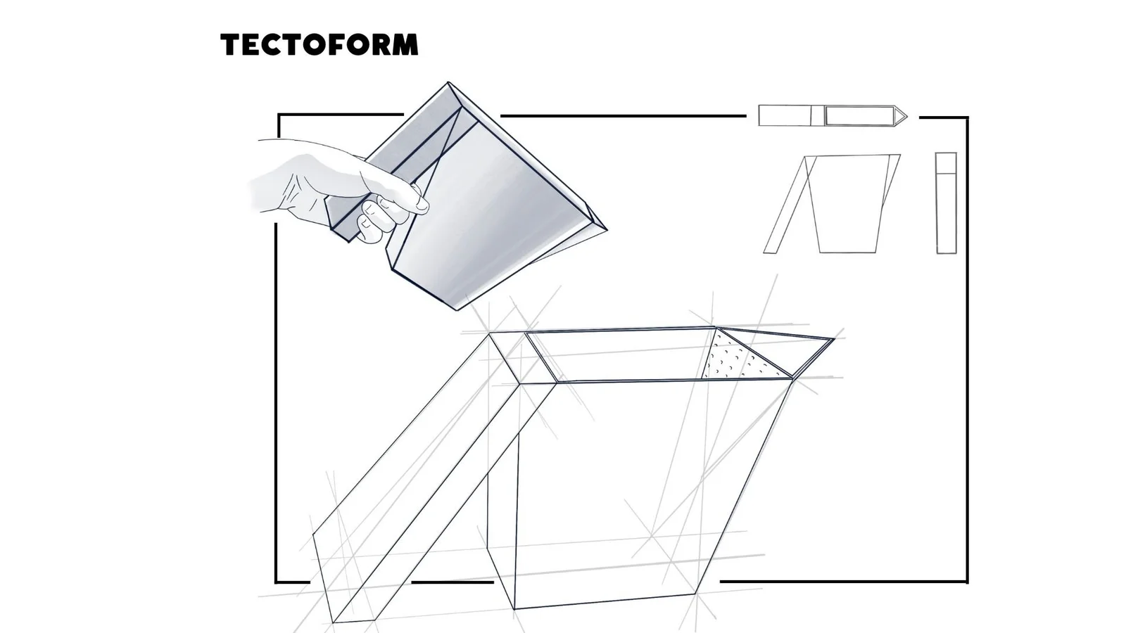 Angular form studies combine faceted volumes, perspective construction and a pale blue shaded object.