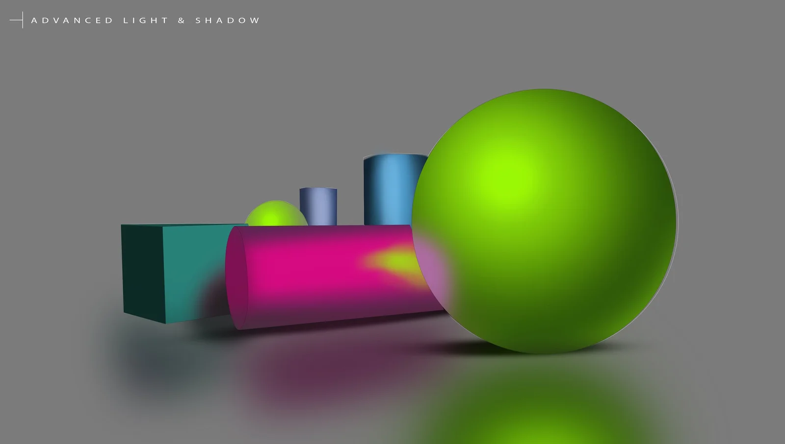 A green sphere, magenta cylinder and teal block on a grey ground explore highlights, cast shadows and reflected colour.