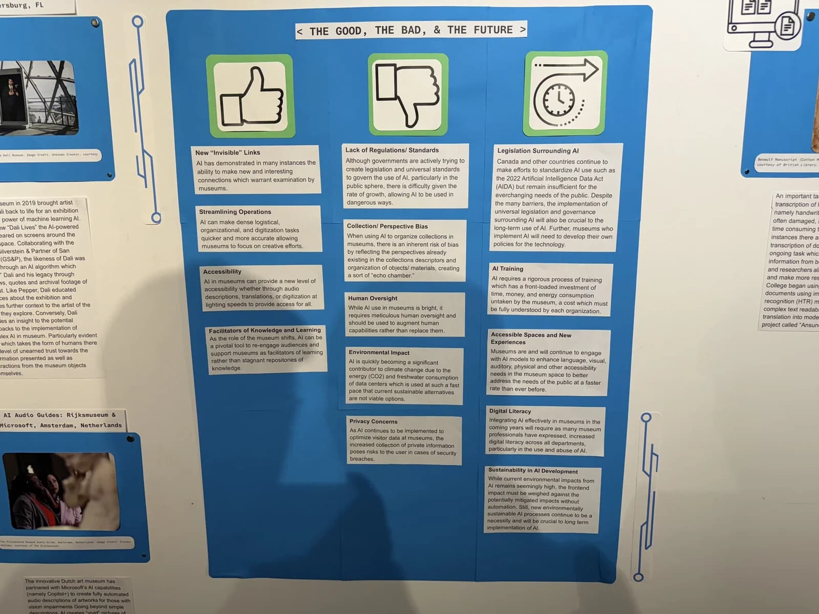 Close-up of the blue exhibition panel discussing the good, the bad and the future of AI.