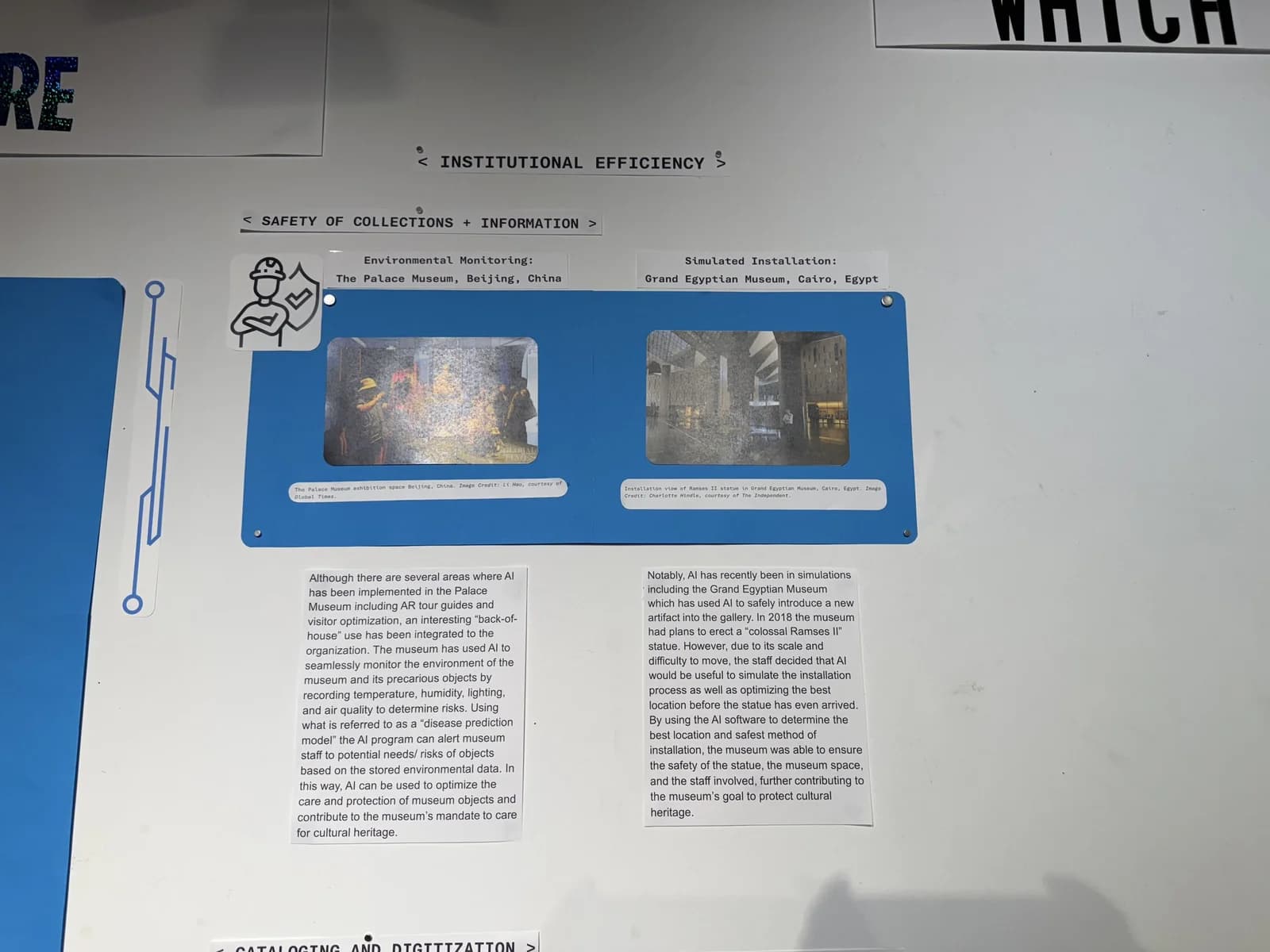 Blue exhibition panel with two museum images and columns of interpretation beneath.