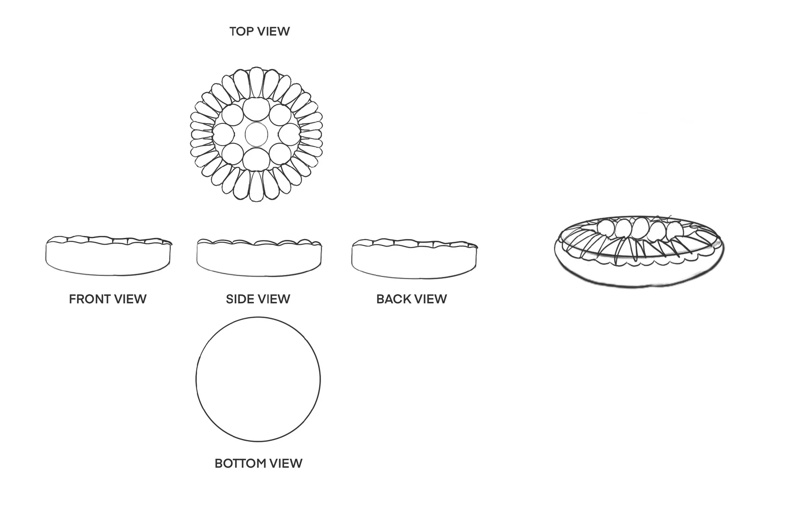 Orthographic and perspective drawings of a tart with decorative edge pieces.