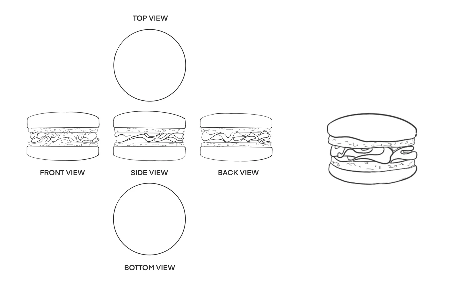 Orthographic and perspective drawings of a layered sandwich-like dessert.
