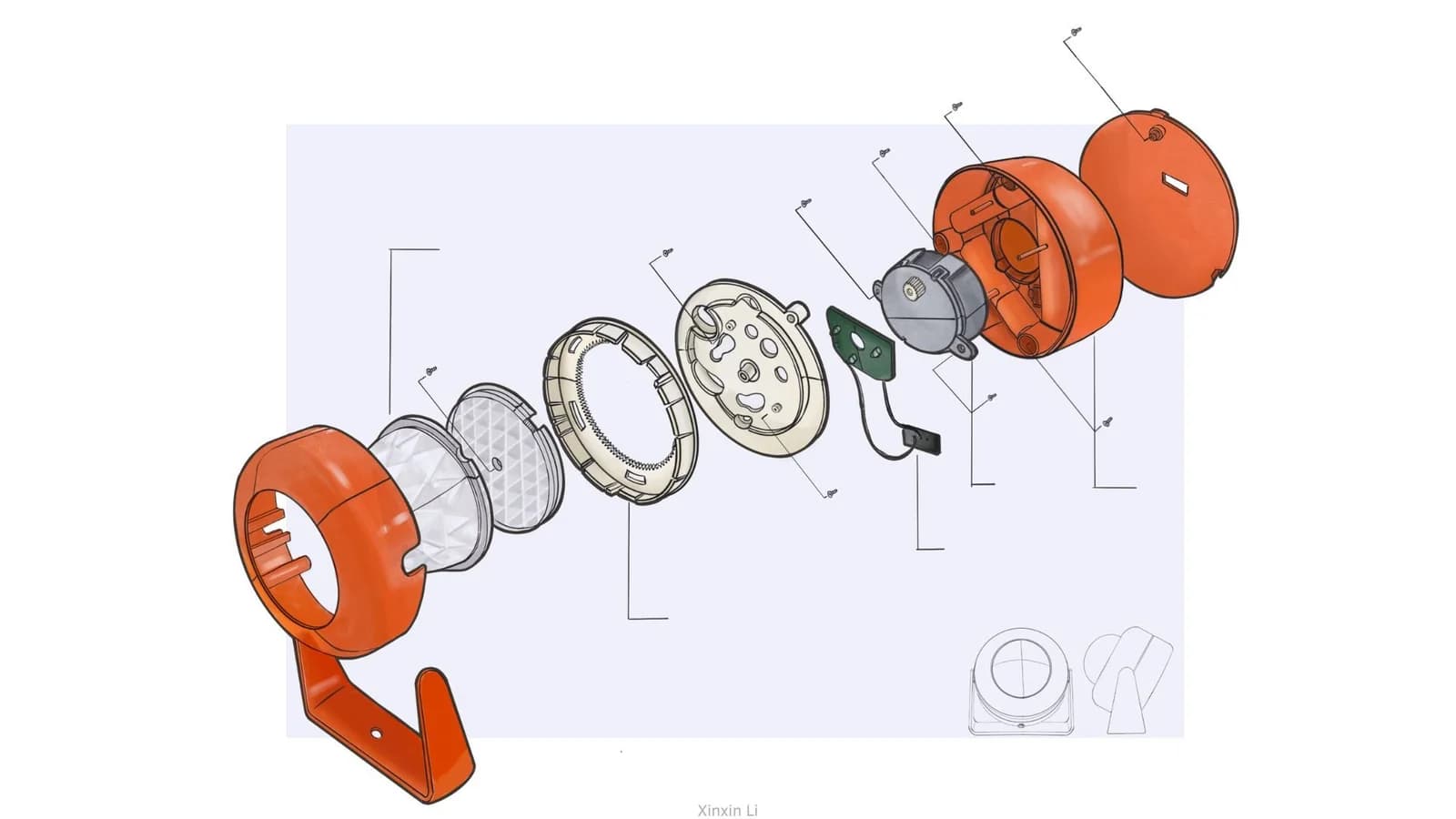An orange cylindrical product separated into circular housings, fasteners and internal components along an exploded assembly axis.