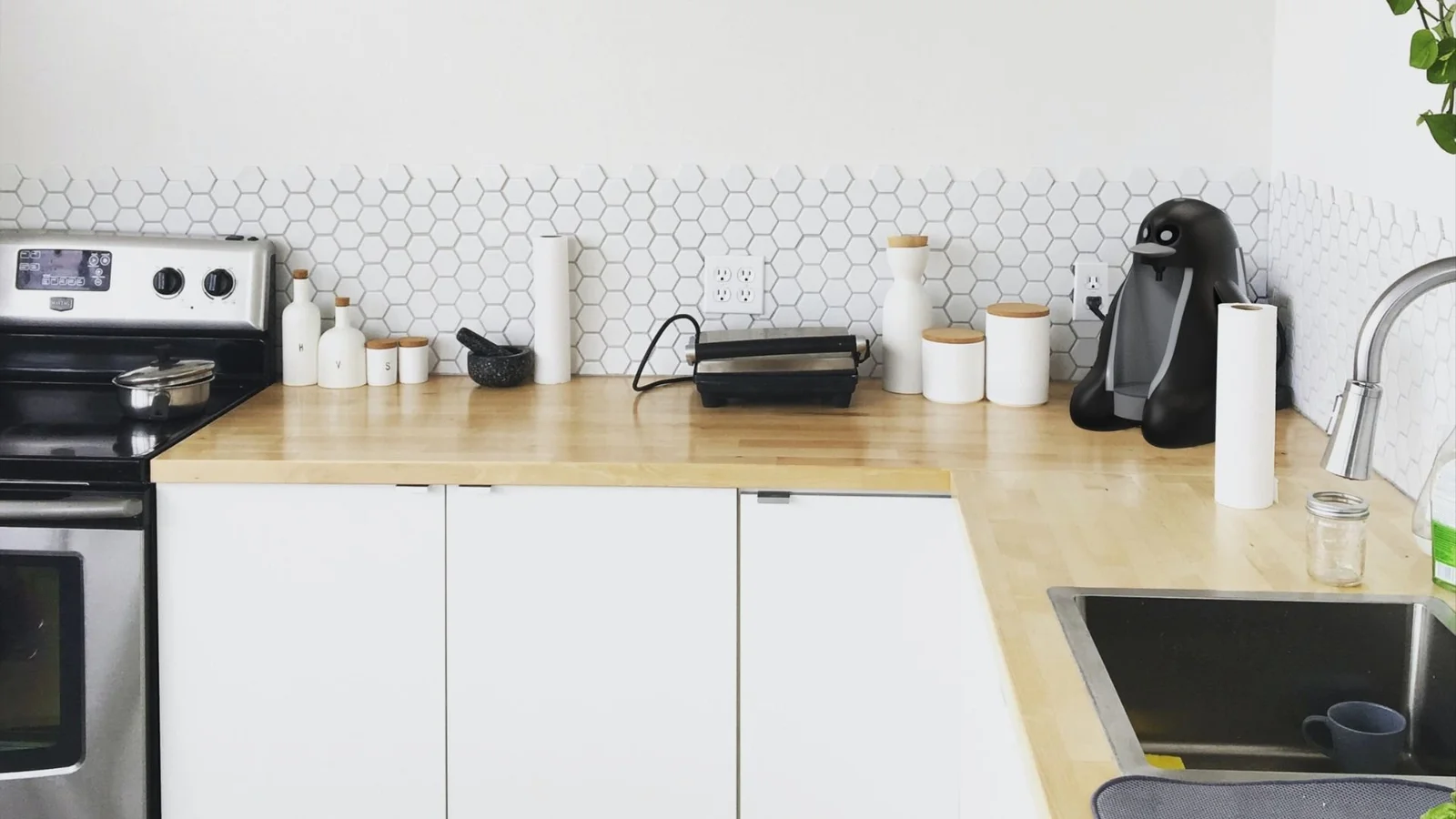 Penguin Coffee rendered on a wooden kitchen counter beside a sink.