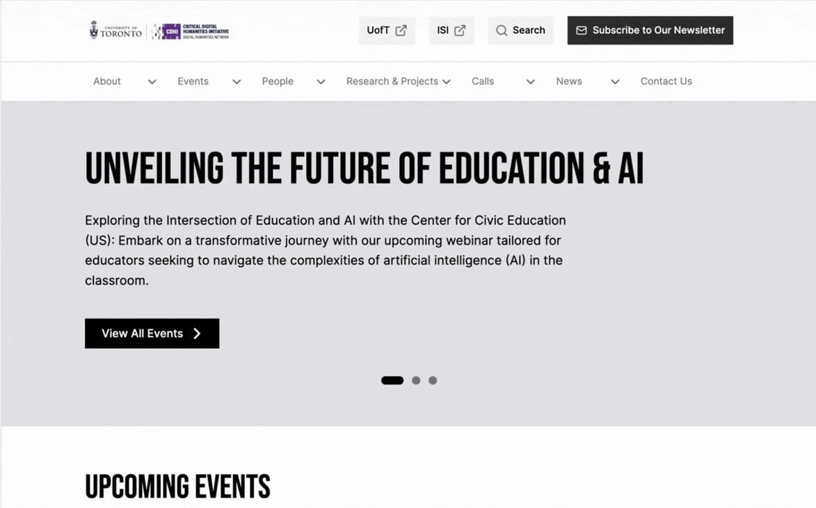 Desktop homepage wireframe with About, Events, People, Research and Projects, Calls, News and Contact Us navigation, a featured event, and a View All Events action.