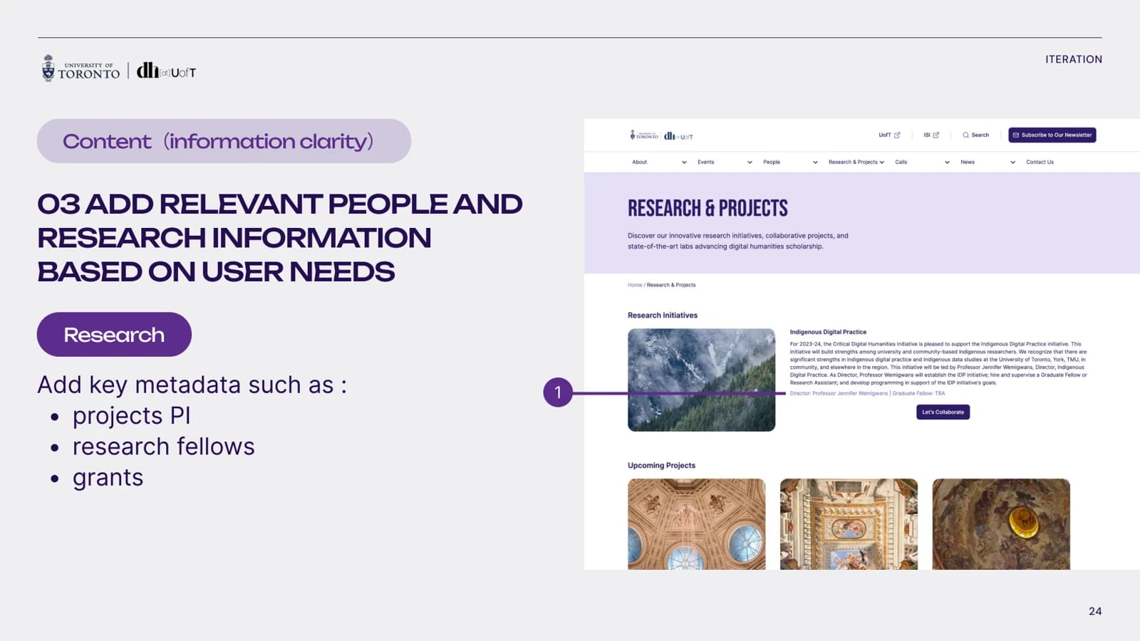 Research and Projects prototype with an initiative description, a director and graduate-fellow line, a collaboration action and project images. The slide proposes adding principal investigators, research fellows and grants.