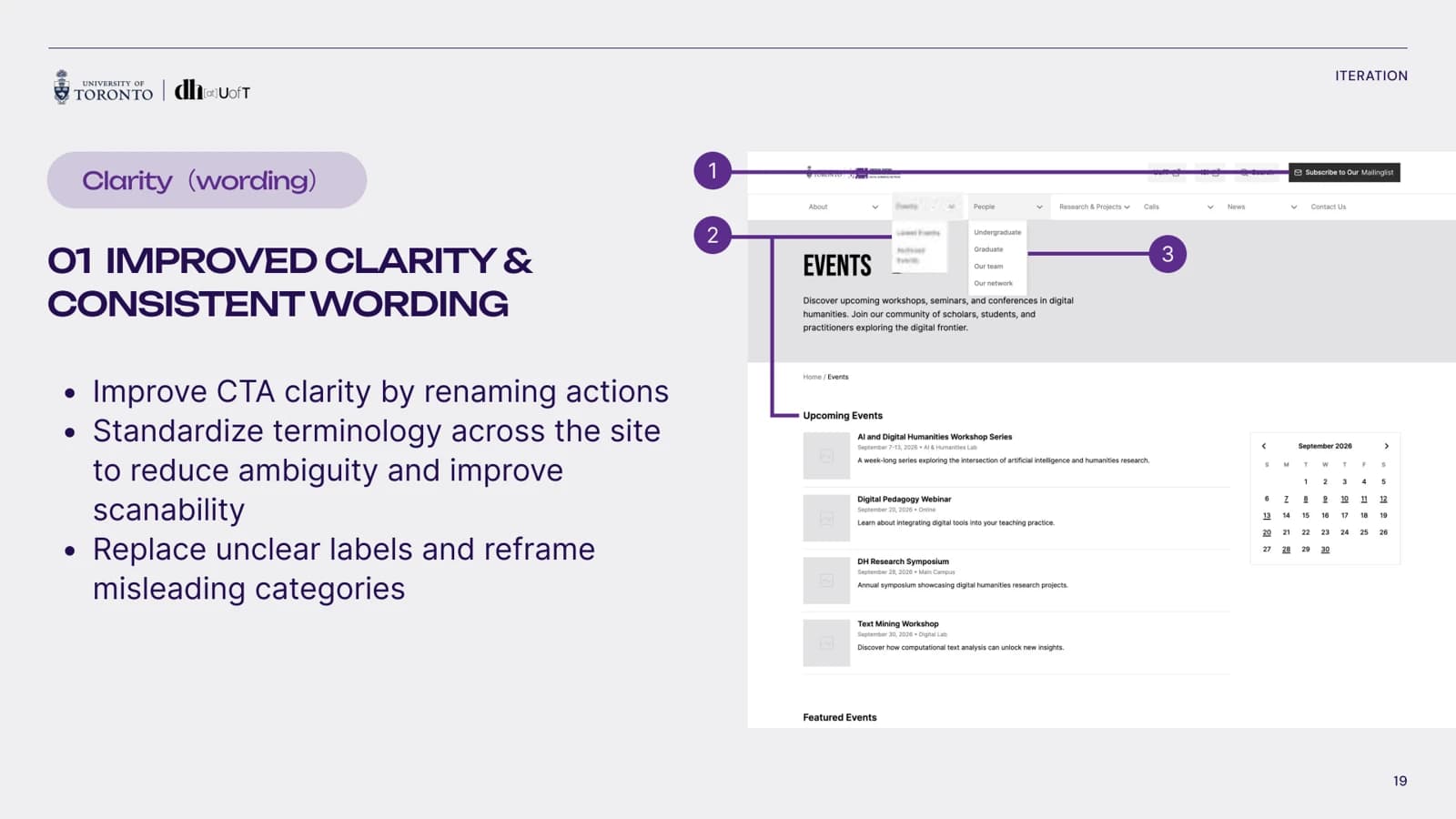 Annotated event-page prototype identifies three wording changes: a subscription action, Upcoming Events, and categories within People navigation.