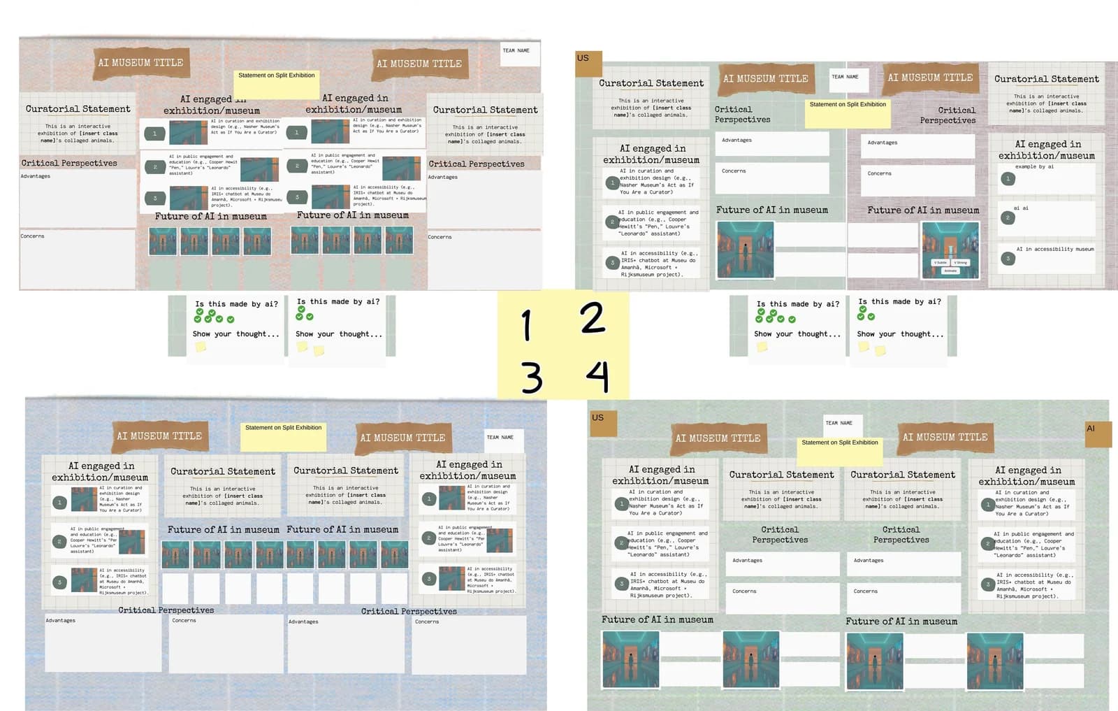 Four exhibition layout proposals numbered one to four, varying the placement of curatorial statements, AI examples and visitor response areas.