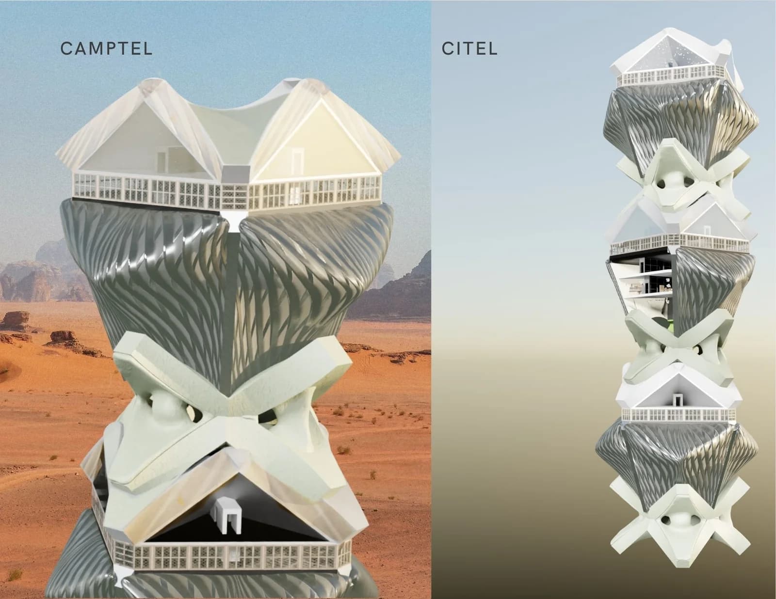 Side-by-side renderings compare a broad desert module and a vertical tower of stacked units.