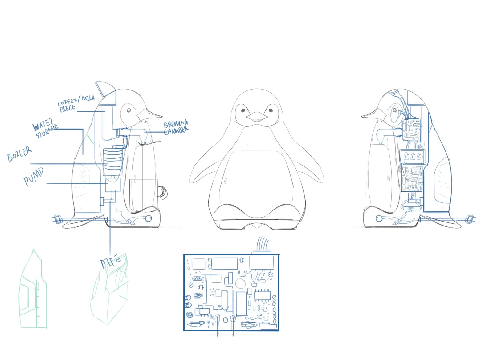 Annotated front and cutaway side views of a penguin-shaped product explore its form and internal arrangement.
