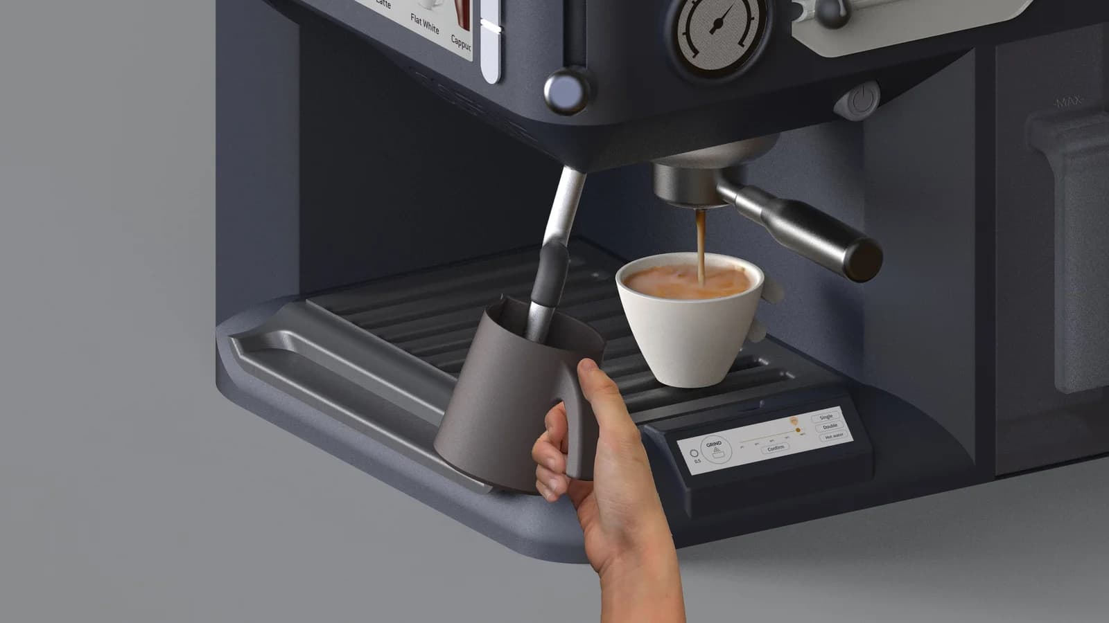 Rendered scenario showing coffee pouring into a cup while a hand holds a milk pitcher beneath the steam wand.