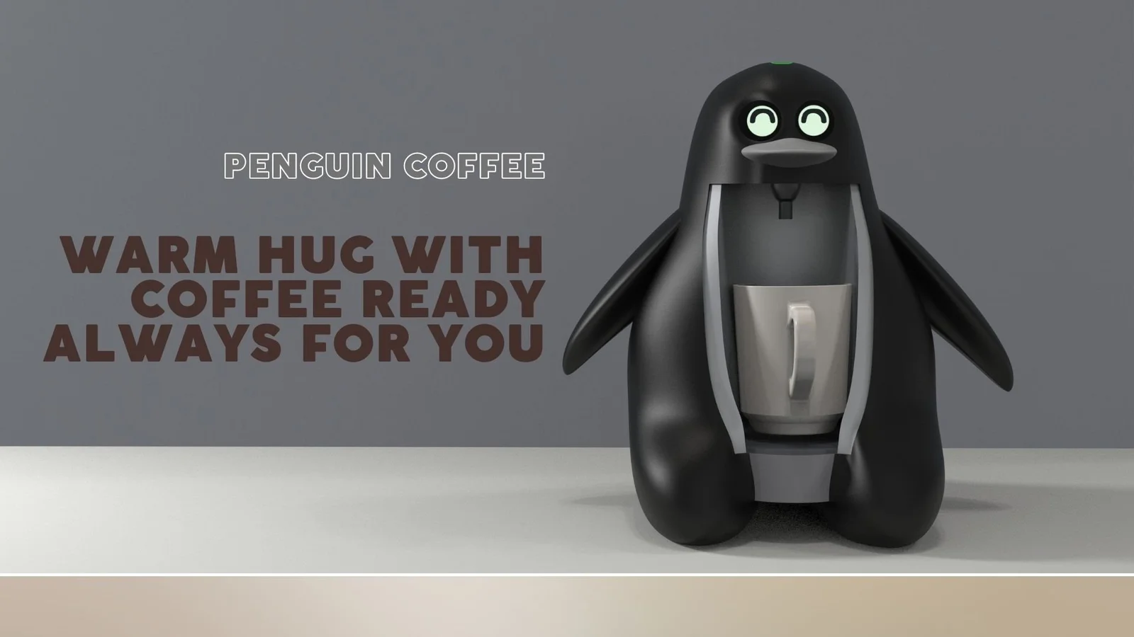 Penguin-shaped black coffee machine with circular green eyes, wing-like sides and a mug beneath the dispensing area.