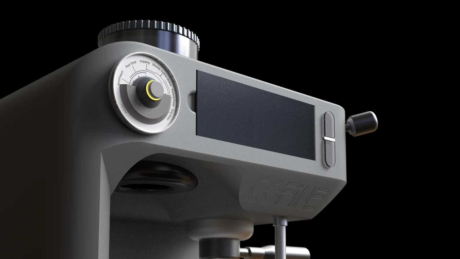 Close-up of the espresso-machine housing in a silver-grey finish.
