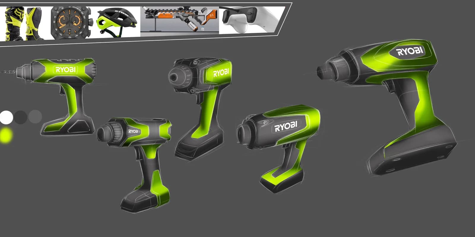 A sheet of green and black drill concepts explores different handles, housings and battery configurations.