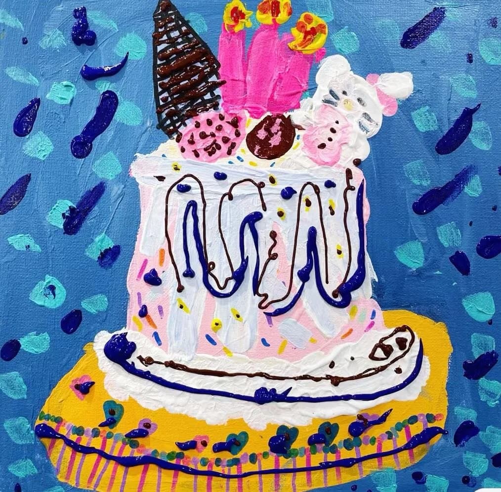 Painting of a cake with bright icing, candles and toppings.