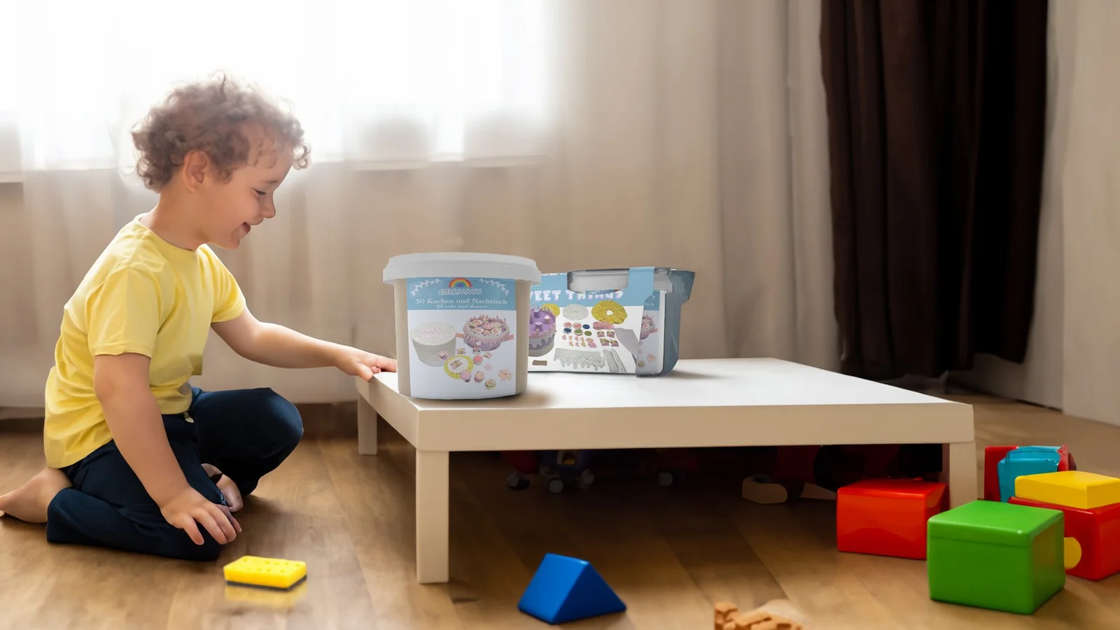Presentation image placing Sweet Things packaging on a low table beside a child; an illustrative setting rather than a testing record.