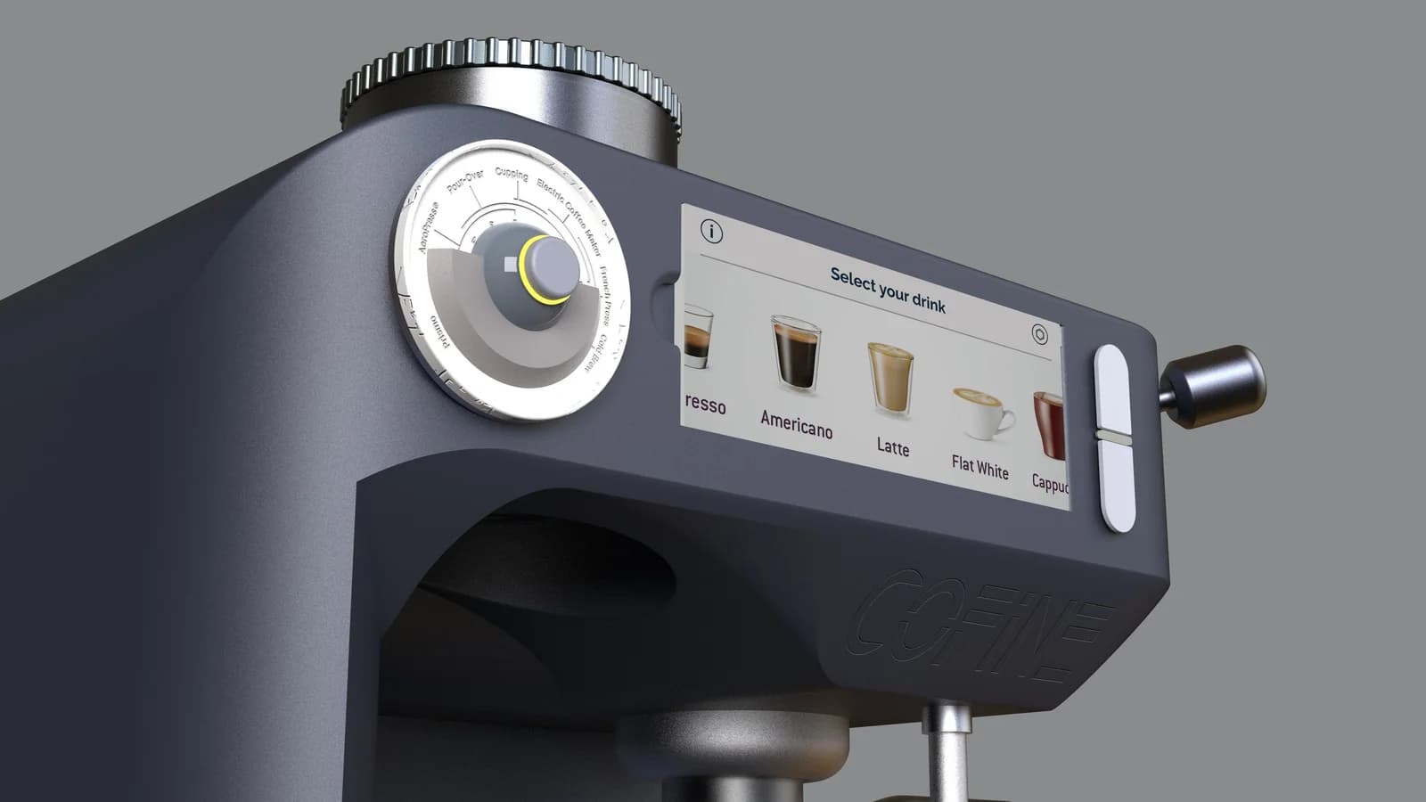 Close-up showing espresso, Americano, latte and other drink options on the screen.