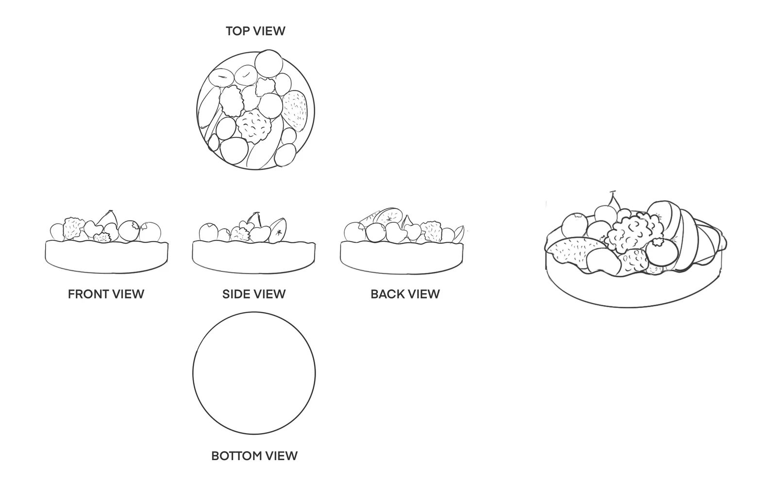 Orthographic and perspective drawings of a round dessert topped with fruit shapes.