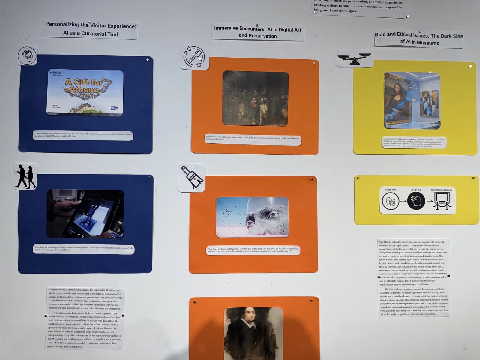 Purple, orange and yellow exhibition panels pair examples of museum AI with interpretive text.