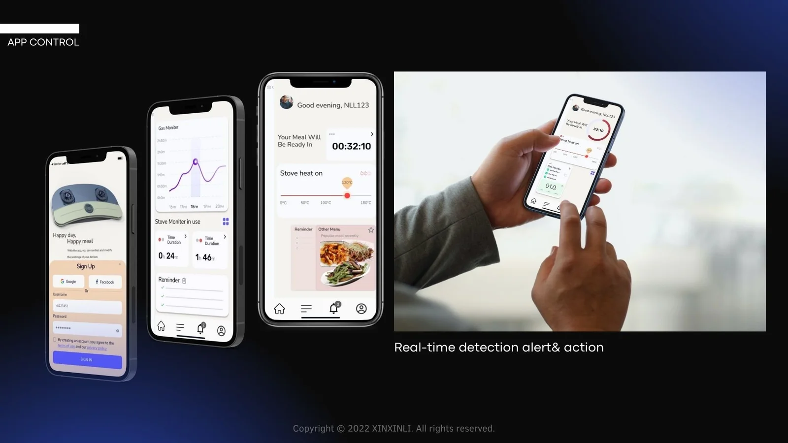 Three app mockups show account setup, a monitoring dashboard, cooking time, temperature and reminders.