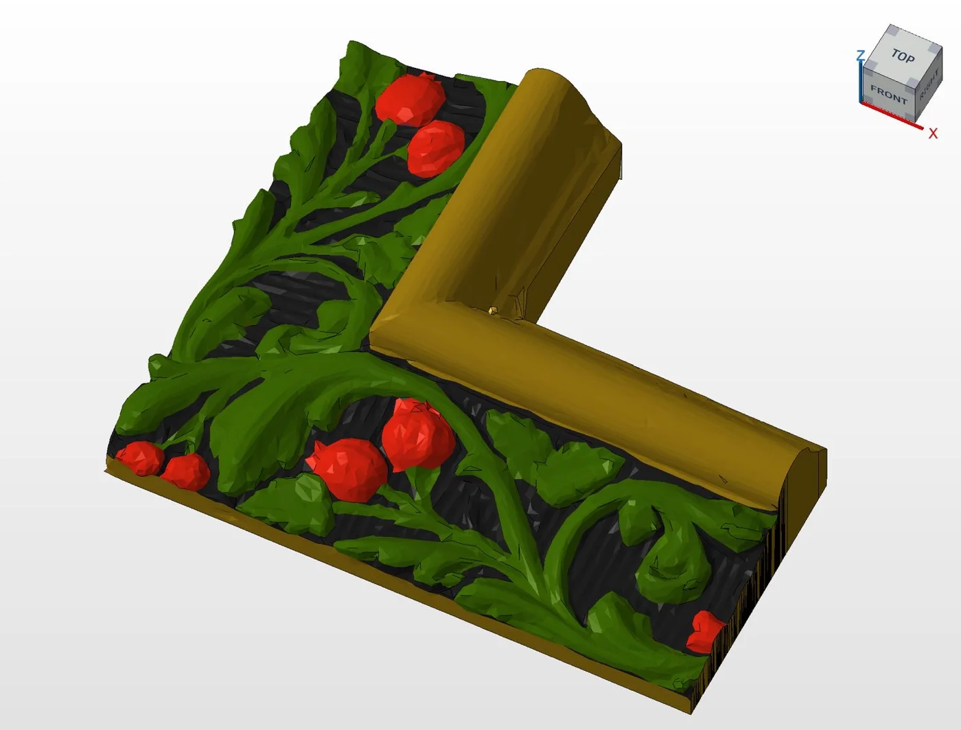 A digital frame-corner model has gold edges, green leaves and red decorative details.