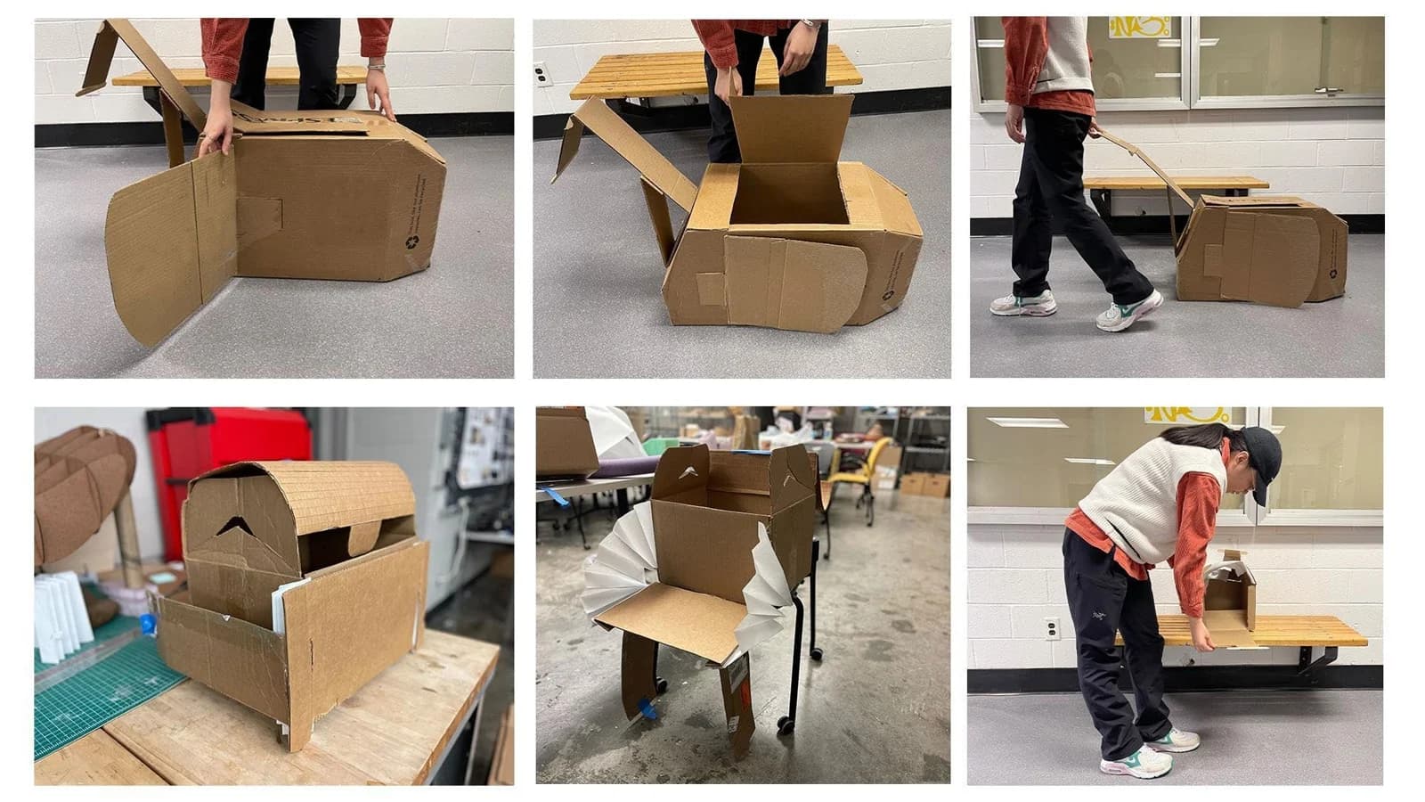 Six workshop photographs show cardboard carriers being held by a top handle, opened, pulled along the floor and positioned beside chairs; open panels explore access and expansion.