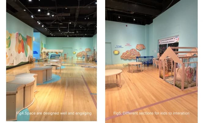 Two views of a children’s activity gallery with low tables, open floor space, colourful wall graphics and a small wooden play structure.