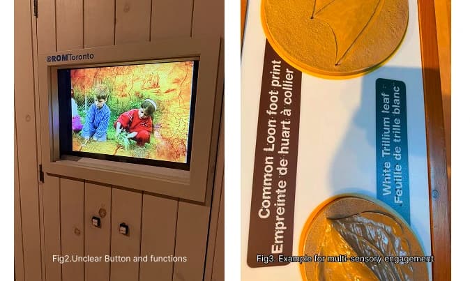 Two photographs: a video screen above two small buttons, and raised tactile models labelled Common Loon foot print and White Trillium leaf in English and French.